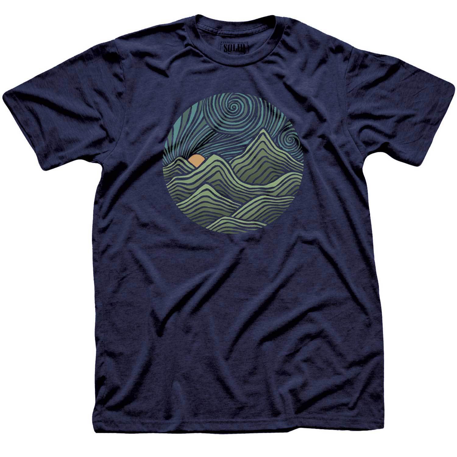 Swirly Mountains Cool Hippie Graphic Tee | Vintage Nature T-Shirt Navy / Medium, image size:1500x1500